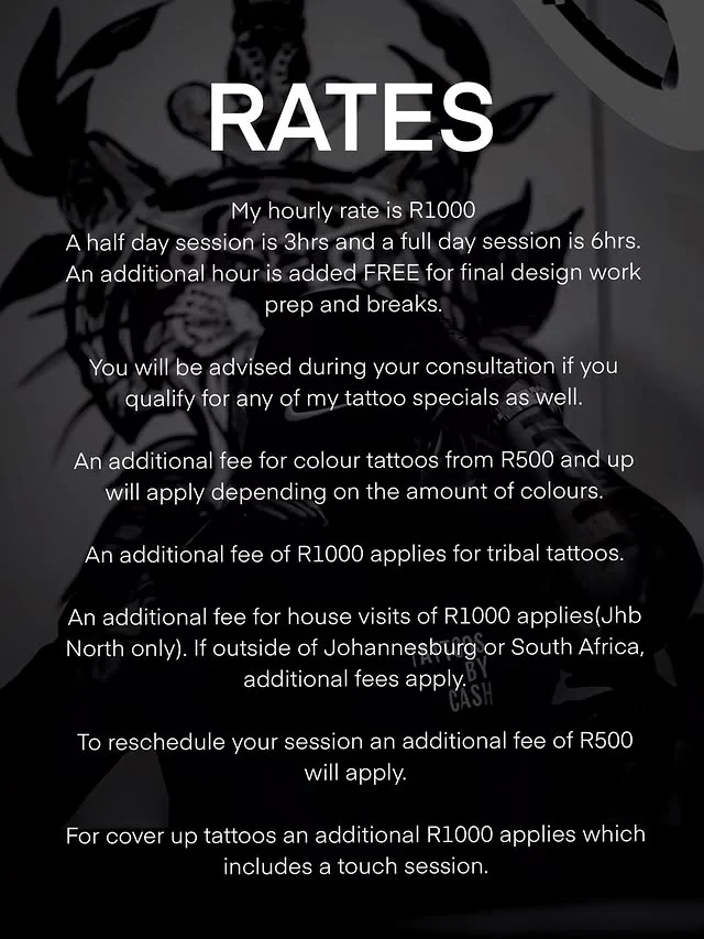 Cash supplied tattoo rate card